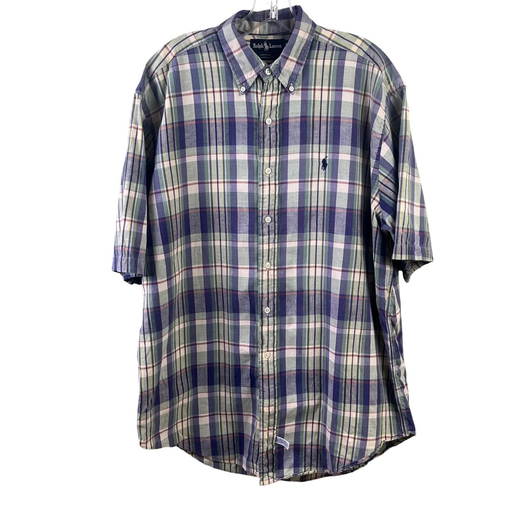 Ralph Lauren Purple Green Plaid Short Sleeve Button Shirt Pony Large USA‎